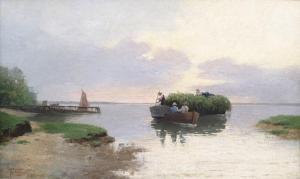 OHLSEN Theodor 1855-1909,Lakeshore with a hay boat at evening light,Nagel DE 2015-02-25