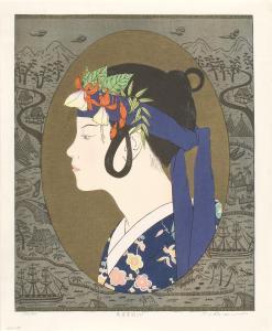 OKAMOTO Yasuko,Bust portrait of a woman in a floral kimono,Eldred's US 2015-08-25
