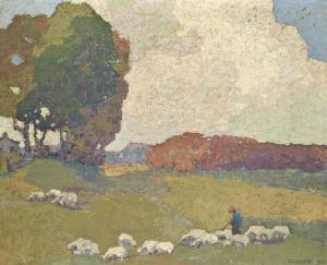 OLESEN Olaf 1873,An early evening landscape with a shepherd and his,1927,Christie's GB 2015-04-15