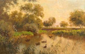 OLGYAY Ferenc 1872-1939,Tranquil river landscape with woodland and ducks,Rosebery's GB 2021-08-19