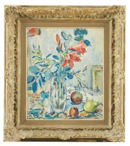 OLLERS Edvin 1888-1959,Amaryllis i vas och frukter på bord,1949,Uppsala Auction SE 2023-08-15