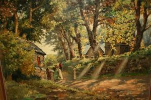 OLLEY A. Norman,sunlit lane with church and figure on a track,Lawrences of Bletchingley 2020-03-17