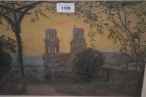 OLLIVIER Felix 1863,view from an arbour with building at dusk,Lawrences of Bletchingley 2019-06-11