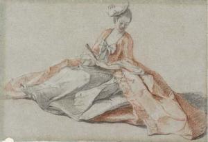 Michel Barthélémy Ollivier - Study Of A Young Lady With A Fan Sitting On The Ground