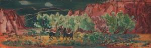 OLMES Mildred 1906,Landscape with Horses casein on board,Hindman US 2020-11-06