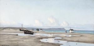 OLSEN Alfred Theodor,A view of Hornbaek Beach with beach houses and din,Bruun Rasmussen 2024-02-19