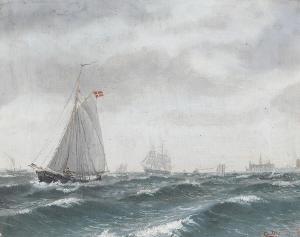 OLSEN Christian Benjamin,Seascape with ships and view to Kronborg,Bruun Rasmussen 2024-03-11