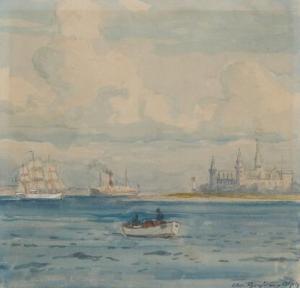 OLSEN Christian Benjamin 1873-1935,Seascape with Swedish sailing ship and Kron,1935,Bruun Rasmussen 2017-07-03
