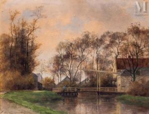 OPPENOORTH Willem J 1847-1905,Paysage de rivière avec pont et maisons,Millon & Associés 2024-02-15