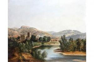PÉLEGRY Arsène 1800-1800,Hügelige Flusslandschaft mit Häusern und Burgansicht,Engel DE 2015-11-28