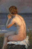 PACHT Vilhelm 1843-1912,A nude female sitting on the beach at sunset,1908,Bruun Rasmussen 2021-11-30