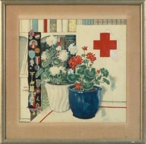 PADDOCK Josephine 1885-1964,Still Life with Geraniums, Books and Various Medal,Heritage 2020-07-01