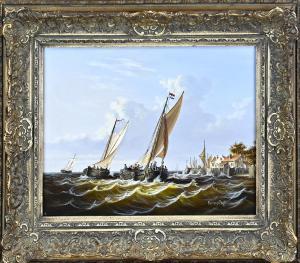PAGE Bernard,Romantic Dutch seascape with sailboats and figures,Twents Veilinghuis 2023-01-12