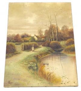 PAGE Geo,Country scene with village pond and lady beside a ,1910,Golding Young & Co. 2020-11-18