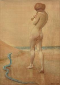 PAICE Philip Stuart 1884-1940,Nude female piper with snake on a beach,Keys GB 2018-06-09
