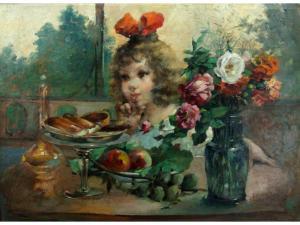 PAILLETTE,scena con bambina, dolci e fiori,Caputmundi Casa d'Aste IT 2015-07-07
