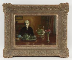 PALIN William Mainwaring 1862-1947,domestic portrait of a lady with tea servic,1946,Ewbank Auctions 2022-03-24