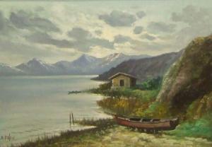 PALINI A 1900-1900,Continental Lake Scene with beached Boat and Boathouse,Keys GB 2010-10-08