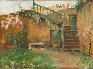 PALLARÉS ALLUSTANTE Joaquín 1853-1935,Indoor garden study with stairs,Subastas Segre ES 2020-12-15