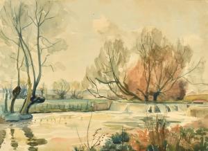 PALMER Garrick 1933,River landscape with a weir,1946,John Nicholson GB 2022-02-09