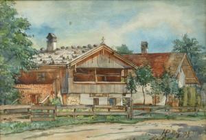 PAMPEL Hermann 1867-1935,Bauernhof in Kochel Blick auf einen sonnenbeschien,1893,Mehlis 2021-08-26