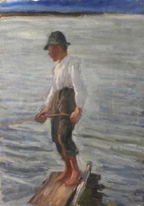 PAMPEL Hermann 1867-1935,Fischerjunge auf einem schmalen Steg steht ein jun,1903,Mehlis 2020-02-27