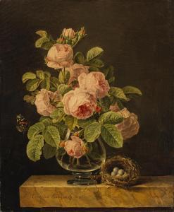 PANCKOUCKE Ernestine,Un vase de roses au papillon et un nid sur un enta,1821,Christie's 2023-06-16
