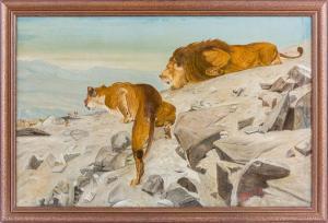 PAPENDICK W,Sich anschleichendes Löwenpaar auf Felsplateau,1930,Leo Spik DE 2017-03-30