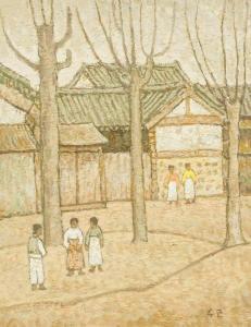 PARK Sung Su 1975,modern landscape scene of houses and children,888auctions CA 2020-09-10