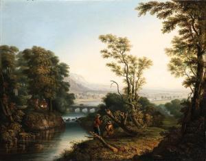 PARKER A. M 1840,An extensive landscpe with figures on a riverbank,Christie's GB 1999-06-15