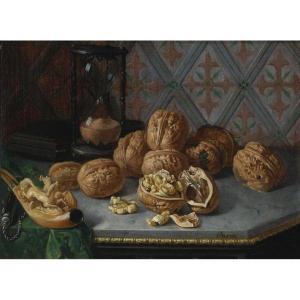 PARRA Y SOLER Miguel,STILL LIFE WITH WALLNUTS, A PIPE AND HOURGLASS ON ,Sotheby's 2010-01-28