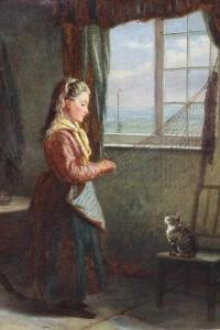 PASMORE John Frederick 1820-1881,a girl mending a fishing net in a cottage inter,1860,Reeman Dansie 2021-01-26