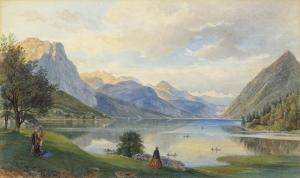 PASSINI Johann Nepomuk,Austrian mountain landscape with visitors at a lak,Galerie Koller 2023-03-31