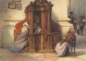 PASSINI Ludwig Johann 1832-1903,A church interior with women at the confessio,1863,Palais Dorotheum 2019-04-29