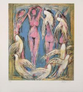 PATSOGLOU Aristide 1941,Quatre femmes nues et oiseaux,1997,Kahn & Associes FR 2023-06-24