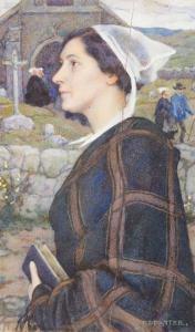 PATTEE Elsie Dodge 1876,Portrait de jeune femme sur fond d'église bretonne,Mercier & Cie 2018-11-25