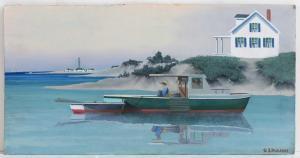 PAULEKAS BEN 1915-2004,Fishing boat with Provincetown's Pilgrim Monument ,Eldred's US 2016-07-14