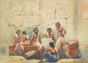 PAULRAJ G. D. 1914-1979,Indian figures - Courtyard with figures,Gilding's GB 2021-11-02