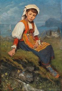 PAYER Ernst 1862-1937,A Shepherd Girl before a Coastal Landscape,Palais Dorotheum AT 2020-02-25