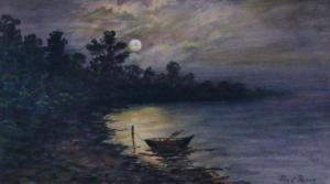 PEARCE Fred E.,Moonlight landscape with rowboat tied along lakefr,Wickliff & Associates 2009-10-17