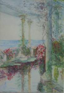 peder hans dan 1859-1939,Blick von einer blumenumrankten Terrasse auf das Meer,Zeller DE 2009-04-16