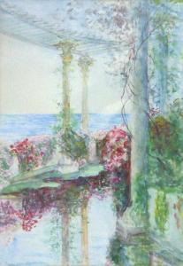 peder hans dan 1859-1939,Blick von einer blumenumrankten Terrasse auf das Meer,Zeller DE 2009-09-17