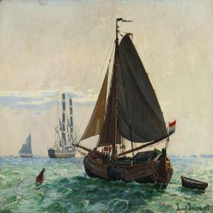 PEDERSEN Thorolf 1858-1942,Sea scape with a dutch kuf and a warship,1885,Bruun Rasmussen 2013-02-26