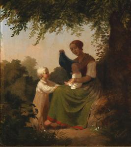 PEDERSEN Vilhelm Thomas 1820-1859,Forest view with a peasant woman and her chi,1846,Bruun Rasmussen 2019-05-27
