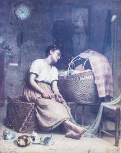 PEEL Paul 1860-1892,woman fixing a fishing net while looking at a baby,888auctions CA 2022-03-03