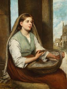PEELE John Thomas,a seated young lady holding a basket with building,John Nicholson 2020-11-04