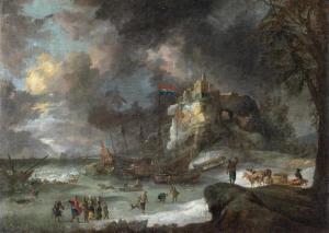 PEETERS Jan I 1624-1677,A winter coastal landscape with figures on sledges,1668,Bonhams 2021-04-15