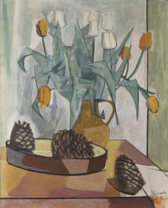 PEINADO VALLEJO Joaquin 1898-1975,Nature morte aux tulipes et pommes de pin,1955,Daguerre 2023-05-26