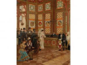 PEIRCE D.S 1877,Figures in a hotel lobby with stained glass windows,Duke & Son GB 2011-04-14
