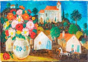 PEKARY Istvan 1905-1981,Città con chiesa e vaso di fiori,1961,Casa d'Aste Arcadia IT 2022-12-13
